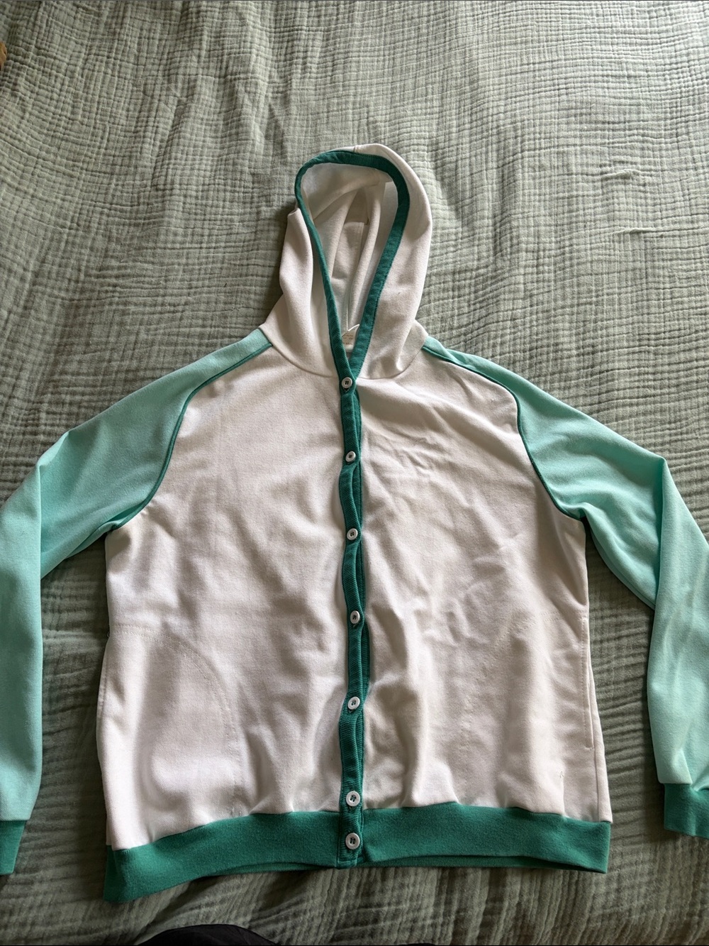 White and Mint Green Hooded Button-Up Jacket Small VINTAGE